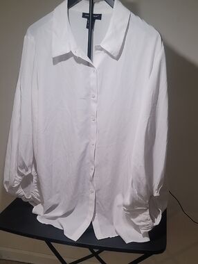 Ashley Stewart White Button-Front Blouse with Ruched Cuffs